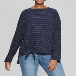 Ava & Viv Women’s Plus Size Striped Long Sleeve Tie Front Woven Top 0X